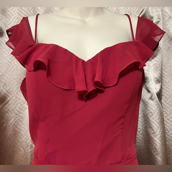 Red Bridesmaid Dress with Off The Shoulder Ruffles - Picture 4 of 5